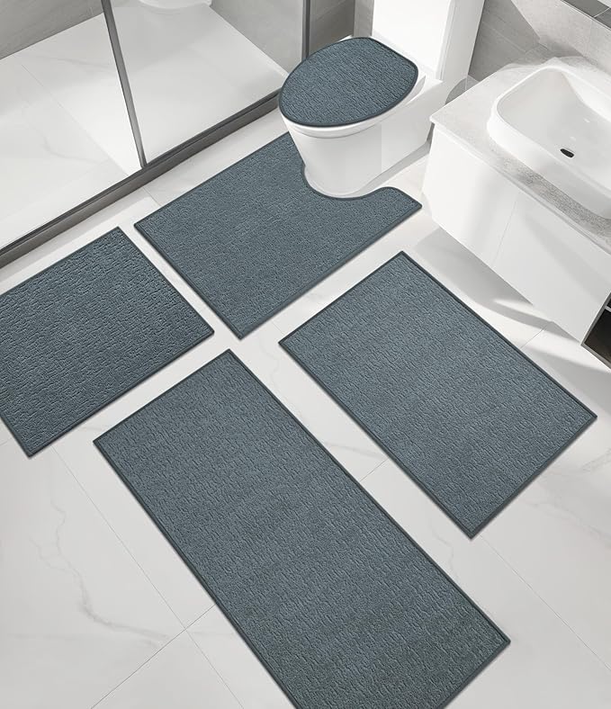 chakme Bathroom Rug Sets 5 Piece, Ultra Thin Bath Mat Quick Dry, Absorbent, Non Slip, Machine Washable, Light Blue, 17" x 24"