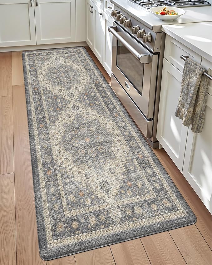 DEXI Kitchen Floor Mats Anti Fatigue, 17x59 Cushioned Vintage Runner Rug Waterproof, Standing Comfort Memory Foam Padded for Front Sink Laundry Office, Dark Grey