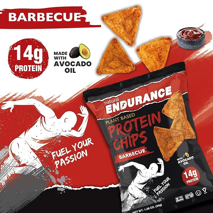 Natural Endurance Protein Chips - Barbecue Chips, Low Carb Chips, High Protein Snack, Vegan Protein with Avocado Oil, 14g Protein Per Bag, Gluten Free, BBQ Flavor - 1.38 oz Bags (Pack of 12)