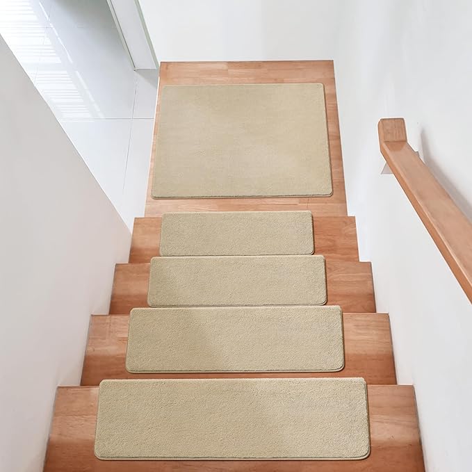 PURE ERA Carpet Stair Treads Ultra Plush 9.5" X 30"Soft Bullnose Indoor Stair Protectors Pet-Friendly Non-Slip Skid Resistant Tape Free Washable Reusable(7 Pieces,Beige)