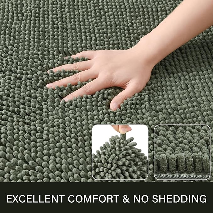 LOCHAS Luxury Bathroom Rug Shaggy Bath Mat 24 x 40 Inch, Washable Non Slip Bath Rugs for Bathroom Shower, Soft Plush Chenille Absorbent Carpets Mats, Sage Green