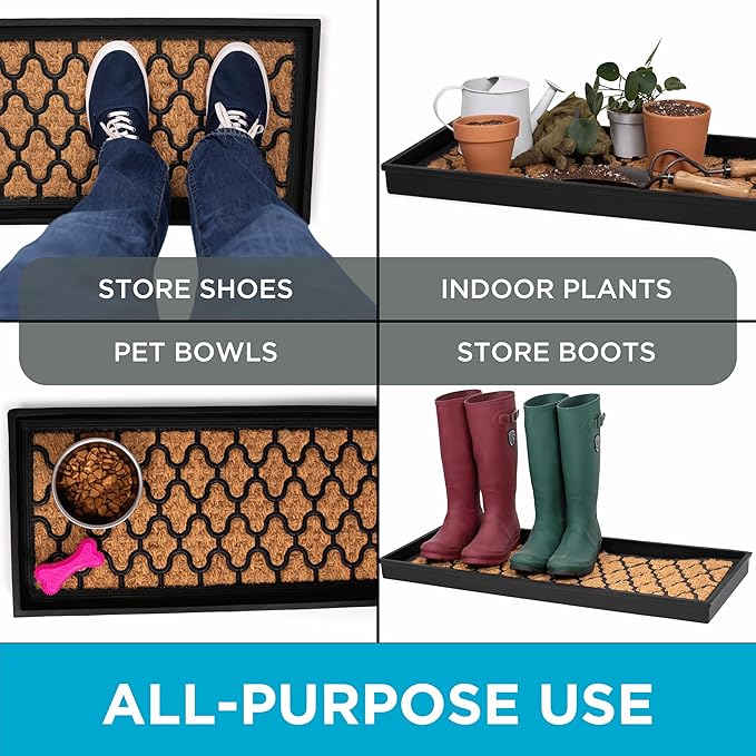BIRDROCK HOME Rubber Boot & Shoe Tray | Coir Insert | 34" x 14" | Waterproof Shoe Tray for entryway | Trellis Pattern