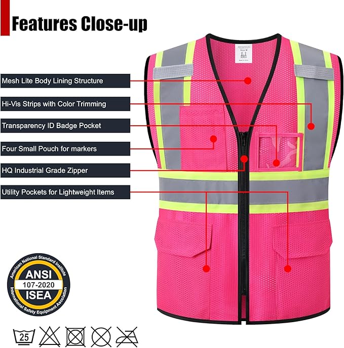 Reflective Safety Vest for Men Women Hi Vis Vest with Pockets High Visibility Vest Mesh Construction Vests Meets ANSI/ISEA Standards (Pink-33, Large)