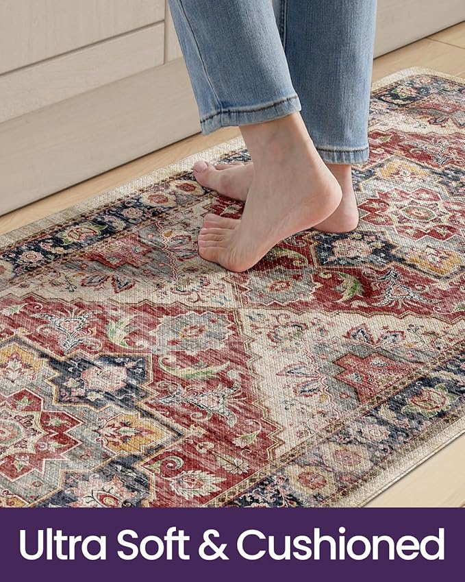 DEXI Kitchen Floor Mats Anti Fatigue, 17x29+17x59 Large Cushioned Runner Rug Waterproof, Standing Comfort Memory Foam Padded for Front Sink Laundry Office Set of 2, Beige and Red