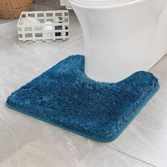 MIULEE Microfiber Toilet Bath Mat U-Shaped Contour Shaggy Rugs Non Slip Extra Thick Soft Absorbent Water for Bathroom Commode Machine Washable(20x20 Inch, Navy Blue)