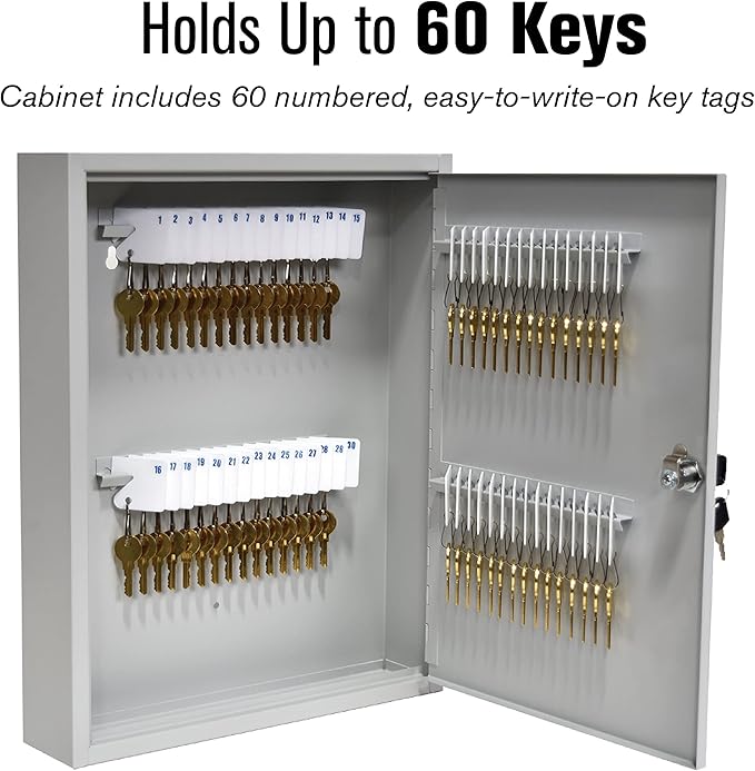 BankSupplies Fort Knox Key Holder Cabinet - 60-Key Cabinet - 60 Easy-to-Write-On Key Tags - Piano Hinged Door - Standard Keyed Lock - Steel Construction - Key Lock Box