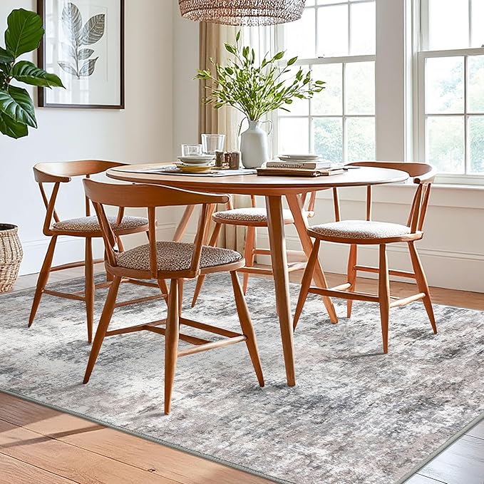 Modern Abstract 6x9 Living Room Washable Rug Non-Slip Soft Bedroom Area Rug Beige Grey Neutral Thin Print Faux Wool Floor Carpet Throw Rugs for Nursery Playroom Dining Room Indoor Office