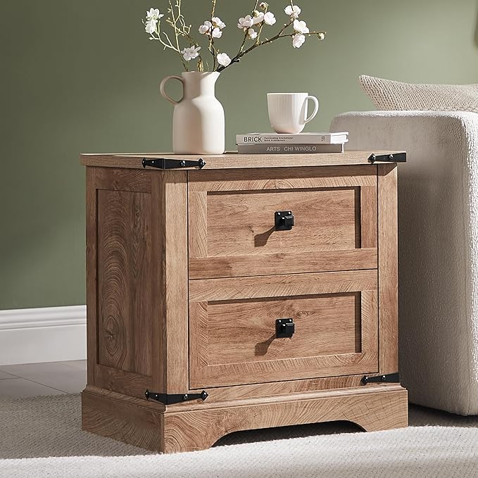 T4TREAM 24" Farmhouse Nightstand with Charging Station, Large End Table with 2 Storage Drawers, Rustic Wood Sofa Bedside Table for Bedroom, Light Knotty Oak