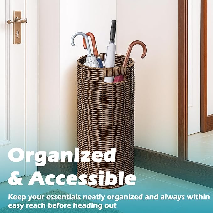 Rattan Umbrella Holder 20.8" H X 10" D,Handmade Wicker Umbrella Stand Indoor with Dip Tray,Sturdy Umbrella Holders for Entryway,Umbrella Bucket Fits Mudroom,Walking Canes,Home,Office (Brown)