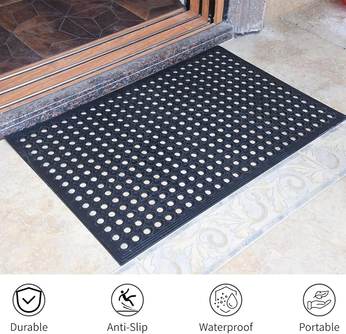 4 Pack Rubber Floor Mats 36”x24” - Heavy-Duty Non-Slip Kitchen Mat & Bar Floor Mat with Drain Holes, Odorless for Entrance, Restaurant, Indoor Outdoor