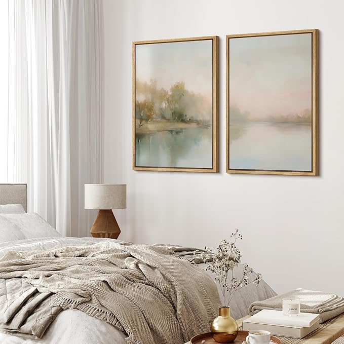 MUDECOR Framed Canvas Print Wall Art Tranquil Reflection Serene River Landscape Illustrations Modern Art Decorative Bohemian Chic for Living Room, Bedroom, Office - 24"x36"x2 Natural