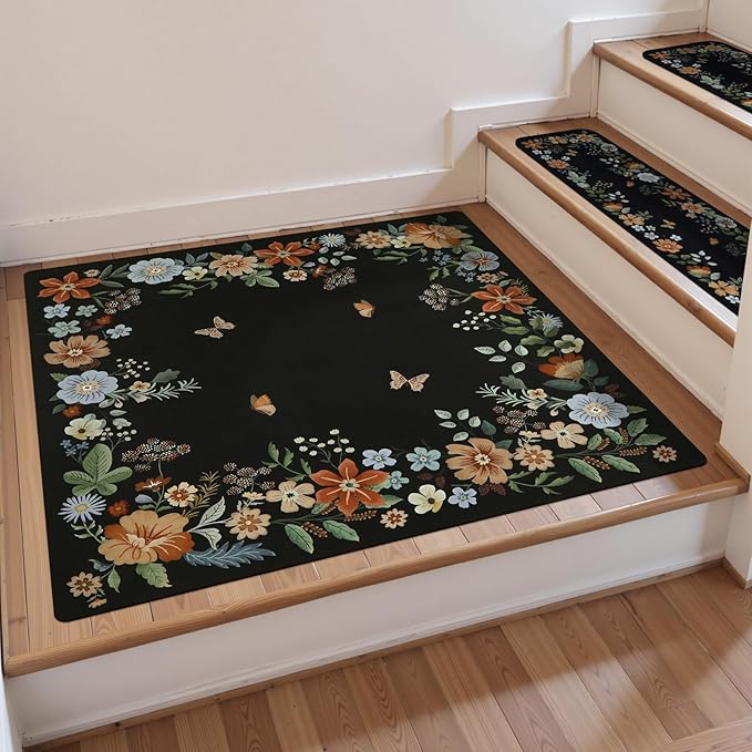 OJIA Floral Stair Treads Non-Slip Matching Mat for Wooden Steps, Square Capet Stair Treads Rubber Backing Stair Runner Anti-Slip Stair Landing Mat 31x31 Inch Stair Rugs