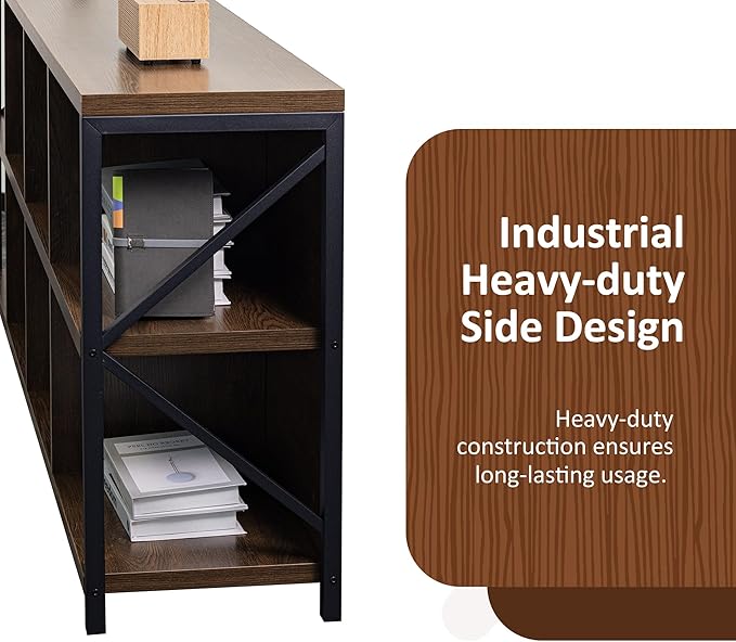 8 Cube Storage Organizer Bookshelf, Industrial Horizontal Bookcase, Accent Cubby Shelf, Media Console Table for Living Room, Home Office, 13.6" D x 63" W x 30.9" H, Brown Walnut