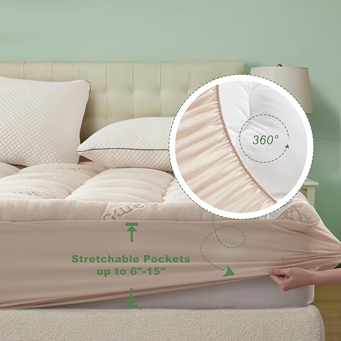 BEDLORE Full Size Mattress Topper Viscose Derived from Bamboo, Thick Pillow Top Mattress Pad with Stretchable Pockets for 6"-15" Mattress, Breathable Mattress Topper for Back Pain Relief(Beige)