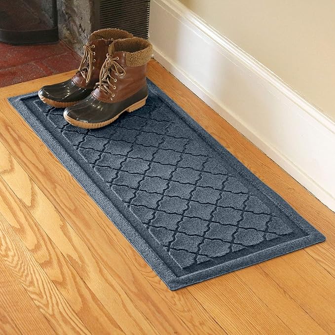 WaterHog Indoor Outdoor Boot Tray Mat – Slip-Resistant Entry Rug for Front Door, Mudroom, Porch, Patio, Garage, All Weather Floor Protector, Made in USA, Cordova Pattern, Bluestone, 15 x 36 Inches