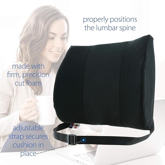 Core Products Sitback Rest Cushion Lumbar Support for Lower Back & Office Chair, Adjustable Strap Contoured Foam, Black - 13" x 14" x 5", Made in The USA