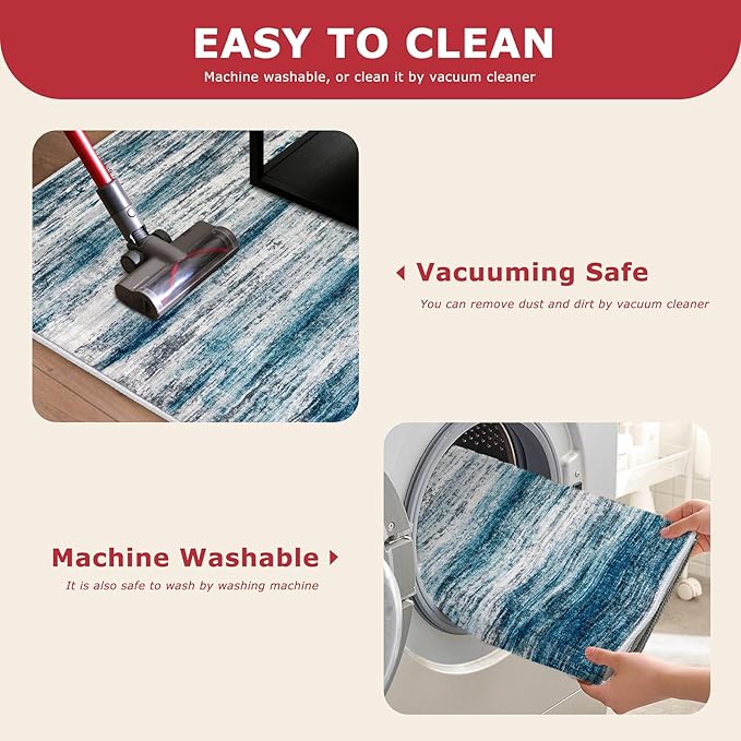 KOZYFLY Modern Abstract 3x5 Entryway Rug Non-Slip Washable Area Rug, Blue Throw Rugs Indoor Mat for High-Traffic Door Entrance, Kitchen, Laundry, Nursery, Soft Bedroom Living Room Accent