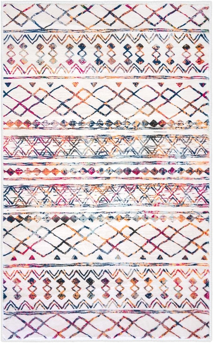 KUTA 3x5 Rugs for Entryway Boho Area Rug for Living Room, Moroccan Multi-Color Washable Rugs Non Slip, Ultra Soft Print Distressed Geometric Low-Pile Entry Throw Carpet for Bedroom Nursery Dorm Decor