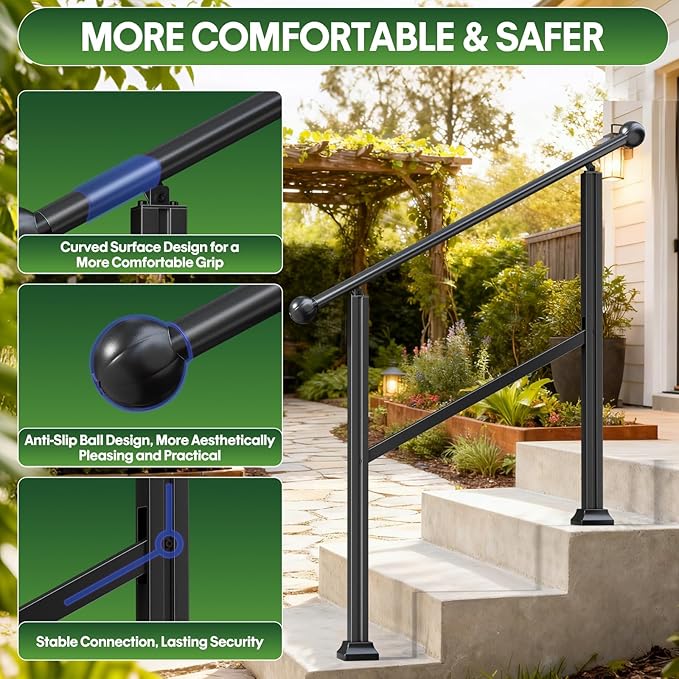 2-Step Outdoor Stair Handrail Kit, Heavy Duty Aluminum Alloy Adjustable Height with Powder Coated Black Metal Finish Complete Installation Hardware & Tools Included for Concrete Porch Deck Brick