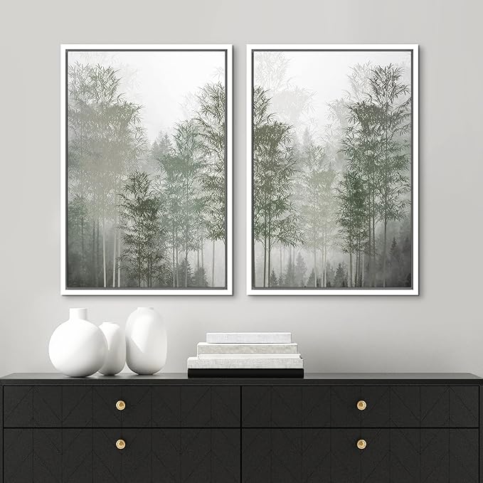MUDECOR Framed Canvas Print Wall Art Pastel Watercolor Misty Fog Forest Tree Wilderness Nature Illustrations Modern Art Decorative Calm/Relax Multicolor Rustic Minimal for Bedroom - 24"x36"x2 White