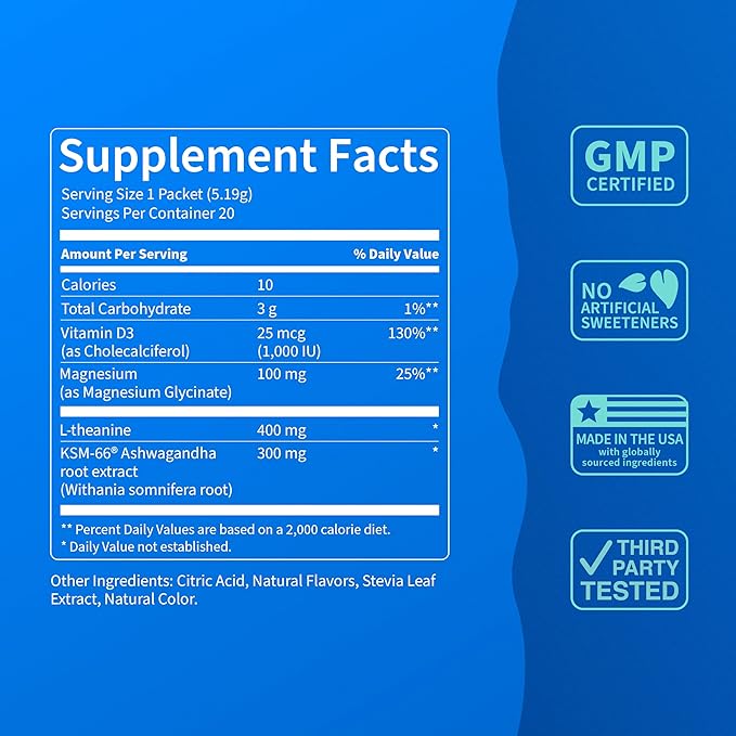 Nello Supercalm Powdered Drink Mix, Cortisol Reducer*, Sleep Aid Supplement, L Theanine, Ksm-66 Ashwagandha, Magnesium Glycinate, Vitamin D 3, No Sugar, Non GMO, 20 Ct, BlackBerry Basil Lemonade