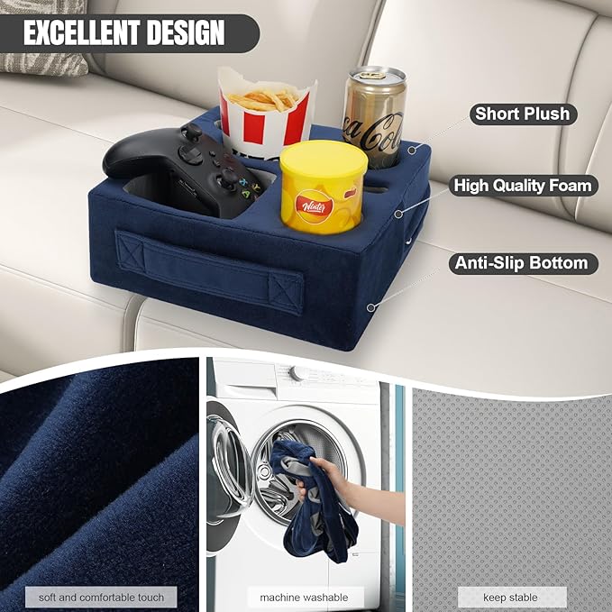 STBoo Couch Cup Holder Pillow - Sofa Drink Cup Holder Cozy Buddy | Bed Caddy Organizer Holds Remote, Snacks, Phones | Waterproof Anti-Spill Sofa Beverage Tray for Car, Pack, Beach, RV, Boat (Navy)