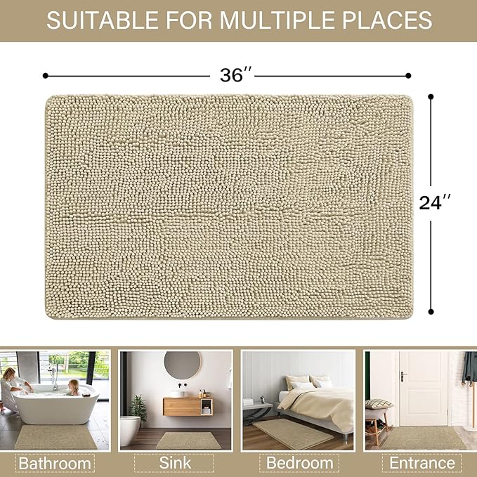 LOCHAS Luxury Bathroom Rug Shaggy Bath Mat 24 x 36 Inch, Washable Non Slip Bath Rugs for Bathroom Shower, Soft Plush Chenille Absorbent Carpets Mats, Beige