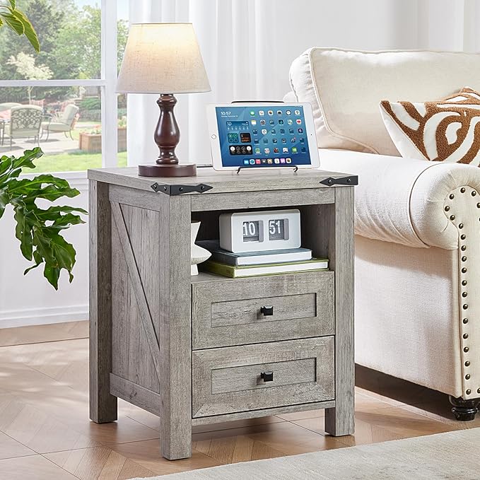 Nightstands Set of 2 with Charging Station, Farmhouse Night Stand with 2 Drawers and Shelf Storage, Wooden Side End Table, Bedside Cabinet for Bedroom, Living Room, Closet,Office (Grey)