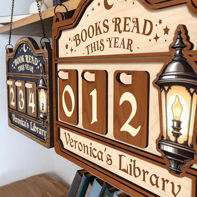 Personalized Book Tracker Sign, Custom Books Read This Year Counter, Book Lover Gift for Teachers, Women, Librarians, Readers, Wooden Hanging Library Decor, Bookshelf Accessories for Wall & Table