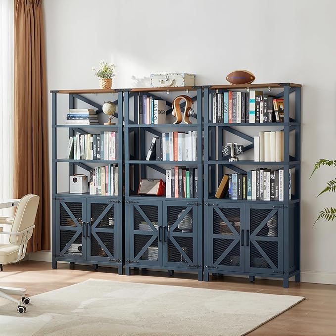 5 Tier Bookshelf 70" Tall Bookcase with Barn Doors,Large Farmhouse Display Book Shelf with Adjustable Shelves and Storage Cabinet,Wood Bookshelves for Living Room,Kitchen,Navy Blue(2PCS)