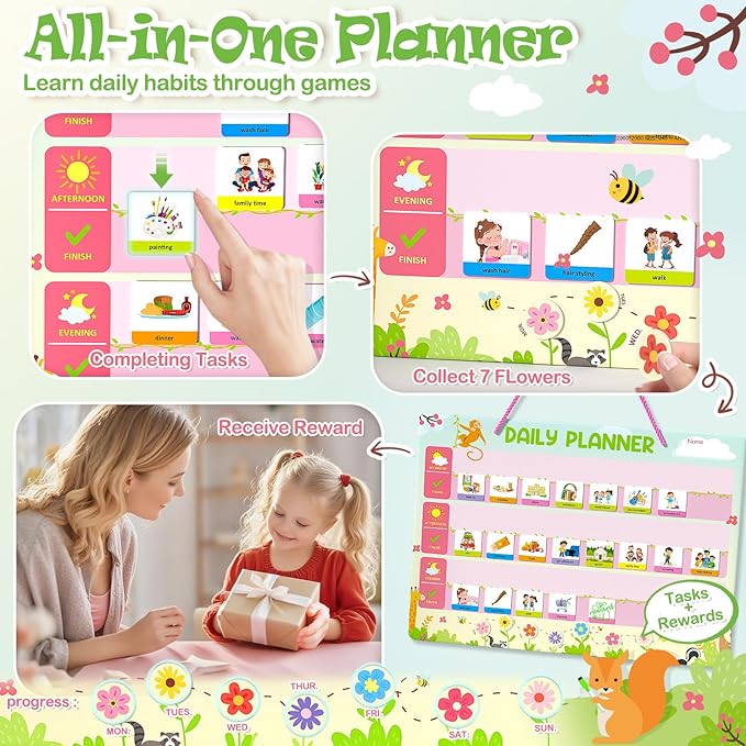 Daily Planner for Kids - Magnetic Behavior Board Calendar with 195 Magnets, Storage Bag, Cord & Pen - Daily Routine and Chore Chart - Visual Schedule for Kids 3+ Year Old (Animal Theme)
