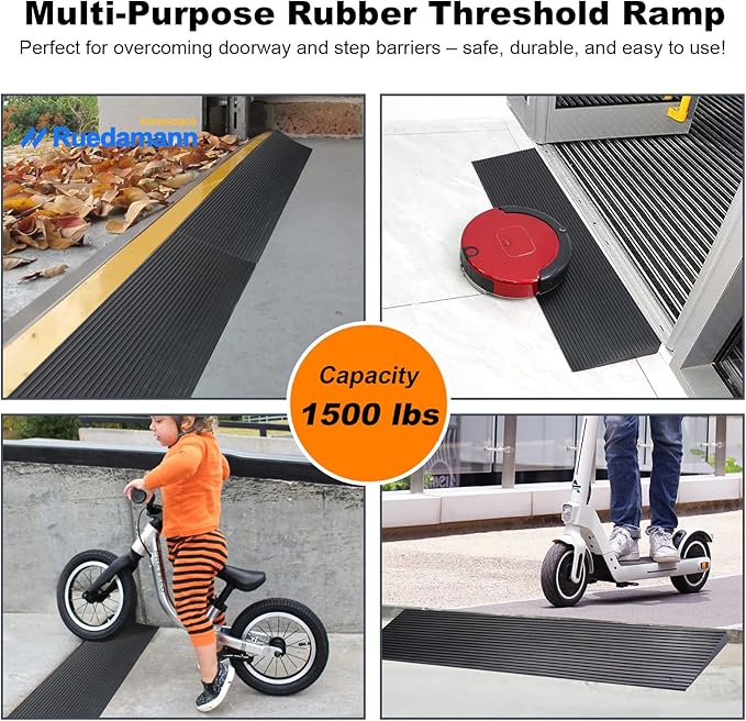 Ruedamann 1.8" Rise Threshold Ramp for Doorways, Sturdy Rubber Threshold Ramp, Non-Slip Power Door Ramps for Wheelchairs is Adjustable and Cuttable for Doorways,Curb, Scooters, Driveways