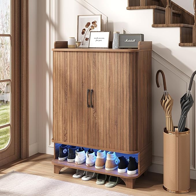 Maupvit 6-Tier Shoe Cabinet with Fluted Sliding Tambour Doors, Entryway Shoe Storage Cabinet with Led Light & Open Storage, 4 Adjustable Shelf, Shoes Rack Organizer for Entryway, Hallway, Living Room