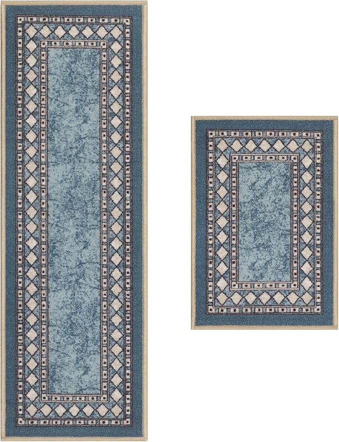 Antep Rugs Alfombras Modern Bordered 2pc Non-Skid (Non-Slip) Low Profile Pile Rubber Backing Indoor Kitchen Runner Rugs (Blue, 2pc Set)
