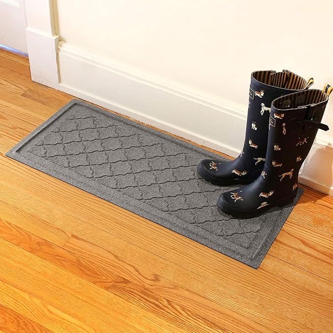 WaterHog Indoor Outdoor Boot Tray Mat – Skid-Resistant Entry Rug for Front Door, Mudroom, Porch, Patio, Garage, All Weather Floor Protector, Made in USA, Cordova Pattern, Medium Grey, 15 x 36 Inches