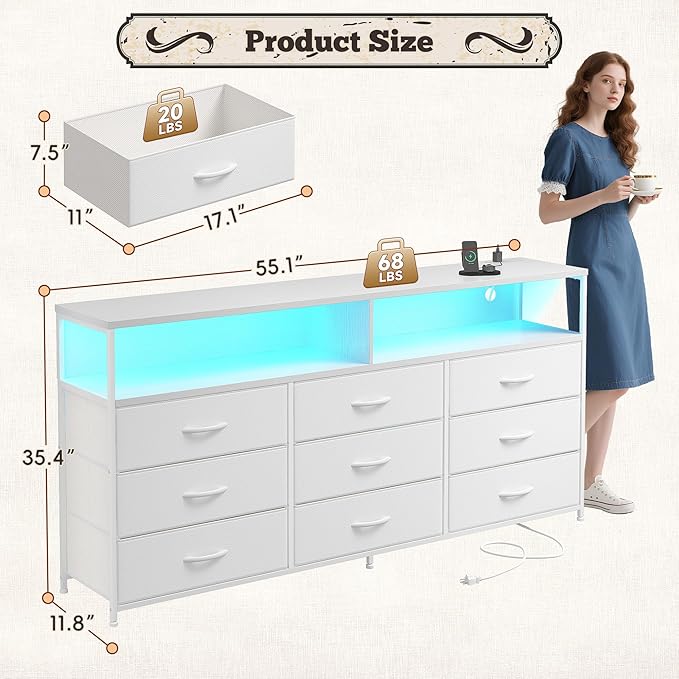 55" W White Dresser for Bedroom with 9 Drawers, LED TV Stand with Power Outlets for 45, 55, 65 Inch TV, Sturdy Long Chest of Drawers with Extra 2 Wooden Shelves, 55.1" W x 35.4" H x 11.8" D