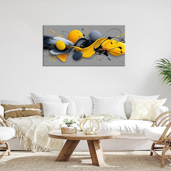 Yellow Abstract Splash Pigment Wall Art for Living Room Canvas Painting Prints Dynamic Art Deco Gray Vibrant Artwork Office Bedroom Family Decor Large