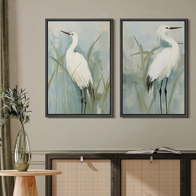 MUDECOR Framed Canvas Print Wall Art White Heron Pair in Marsh Coastal Illustrations Modern Art Decorative Bohemian Colorful for Living Room, Bedroom, Office - 24"x36"x2 Black