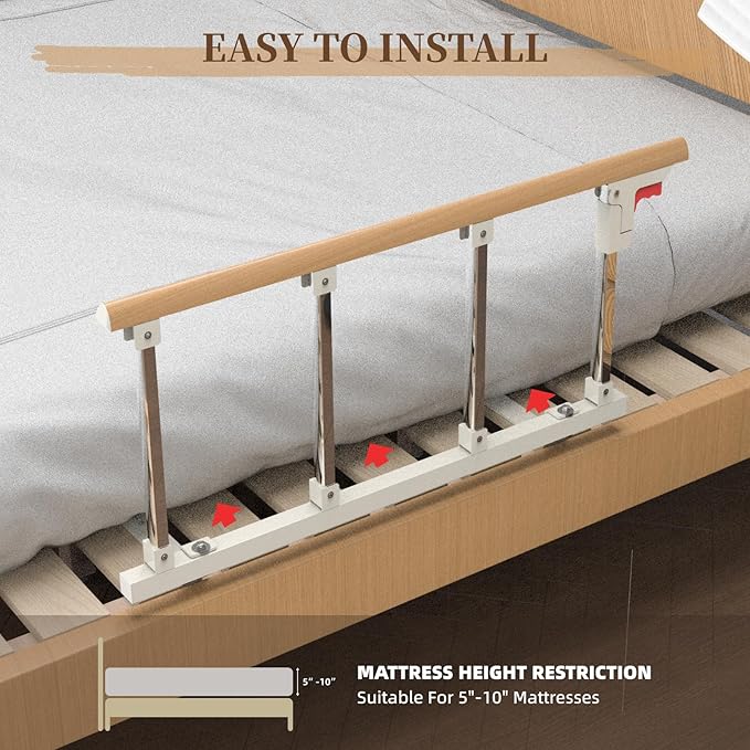 Bed Rails for Elderly Adults Safety, Folding Bedside Assist Rail Handle, Collapsible Bed Fence Preventing Falling for King, Queen, Full, Twin (Wood Color)