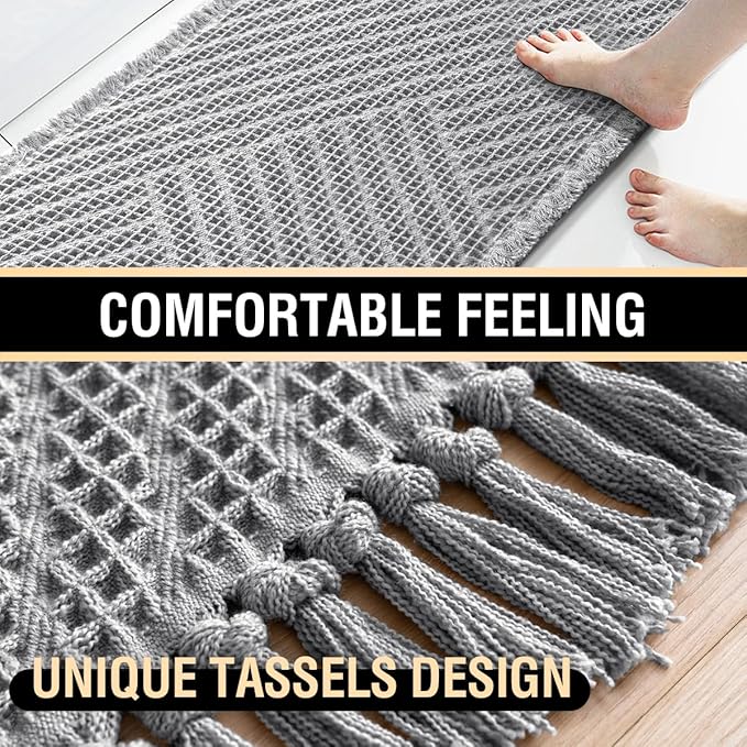 H.VERSAILTEX Waffle Bath Runner Rug Long Bath Mat Super Absorbent Boho Bath Rugs Non Slip Bath Runner for Bathroom Floor Machine Washable Dry Fast Bathroom Rugs with Tassels, 24" x 72", Dove