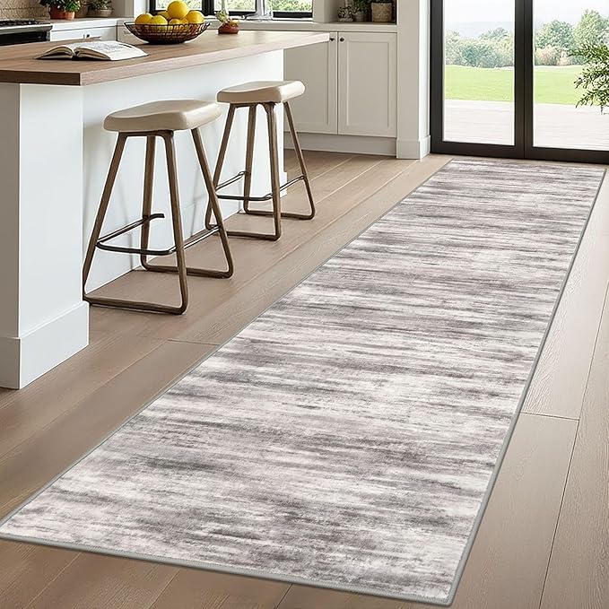 KOZYFLY 3x10 Ft Rug Modern Ombre Runner Rug for Hallway, Washable Kitchen Rugs Non-Slip Soft Striped Entryway Rug, Print Grey-Beige Abstract Carpet for Laundry Nursery