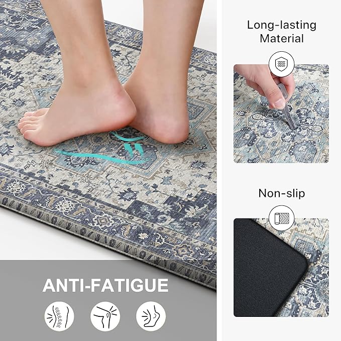 GENIMO Kitchen Mats for Floor 2PCs, Washable Anti Fatigue Mat for Cushioned, 17.3"x59"+17.3"x30", Waterproof Kitchen Rugs, Non Slip Comfort Standing Mat Rug for Home, Sink, Laundry, Center Blue