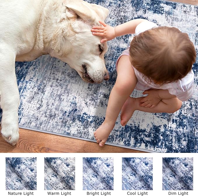 Modern Abstract Hallway Runner Rug, Grey Navy Blue 2.6x8 Runner Rug, Washable Kitchen Runner Non-Slip Soft Thin Print Faux Wool Carpet for Entryway Bedroom Laundry Room Indoor