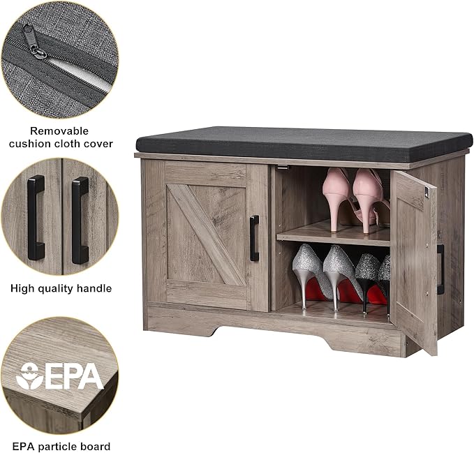 2-Tier Storage Bench, 27.6" Wide Shoe Bench with Padded Seat Cushion, Entryway Bench with 2 Barn Doors and Adjustable Shelf, Greige