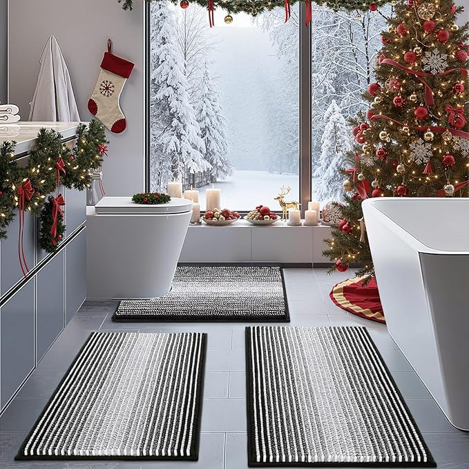 BSICPRO Bathroom Rugs Sets 3 Piece, Toilet Rugs U-Shaped Contour Bath Mat Set, Striped Absorbent Non Slip Chenille Shower Mat, Black