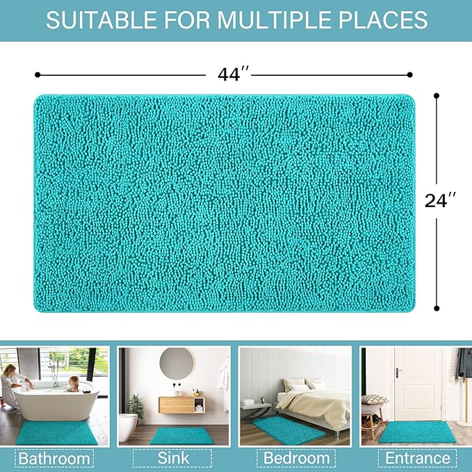 LOCHAS Luxury Bathroom Rug Shaggy Bath Mat 24 x 44 Inch, Washable Non Slip Bath Rugs for Bathroom Shower, Soft Plush Chenille Absorbent Carpets Mats, Teal Blue