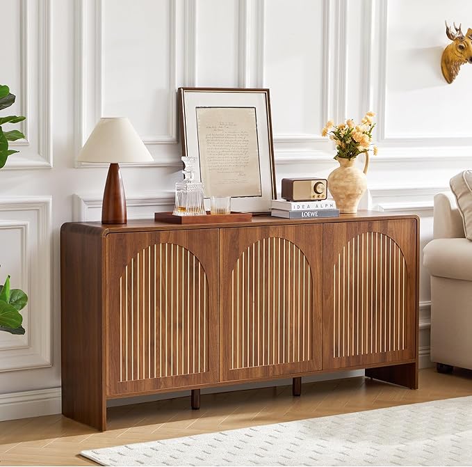 59" Sideboard Buffet Cabinet with Storage, Wood Arched TV Console Storage Cabinet with 3 Doors and Adjustable Shelf, Large Curved Accent Cabinet for Living Room Hallway Kitchen Dining Room, Walnut