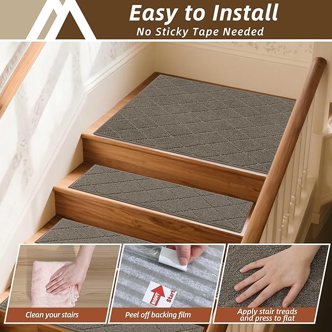 COSY HOMEER Stair Landing Rugs Non-Slip Corner Indoor Edging Stair Treads for Wooden Steps,Washable Soft Stair Landing Mat for Kids,Elder and Dogs,Polyester,TPE Backing,Light Brown,30x30inch
