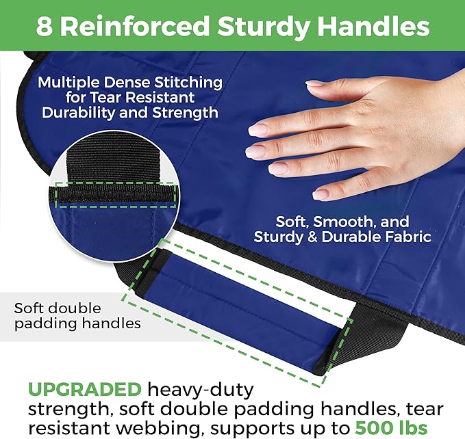 Positioning Bed Pad with 8 Reinforced Padded Handles - Washable Transfer Sheet for Lifting & Repositioning - Quick-Dry Patient Slide Blanket for Caregiver, Bedridden, Elderly - 48" x 40", Blue Ver 2
