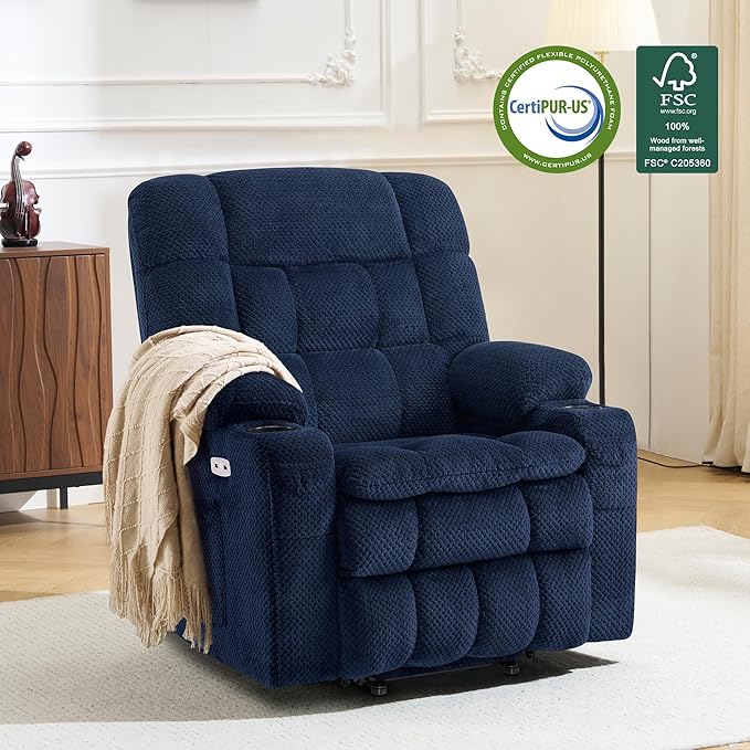 MCombo Dual Motor Power Lift Recliner Chair for Elderly, Lay Flat Lift Chair with Heat and Massage, Petite Lift Chair, Cup Holders, USB A&C Ports, Fabric 7893 (Small, Navy Blue)